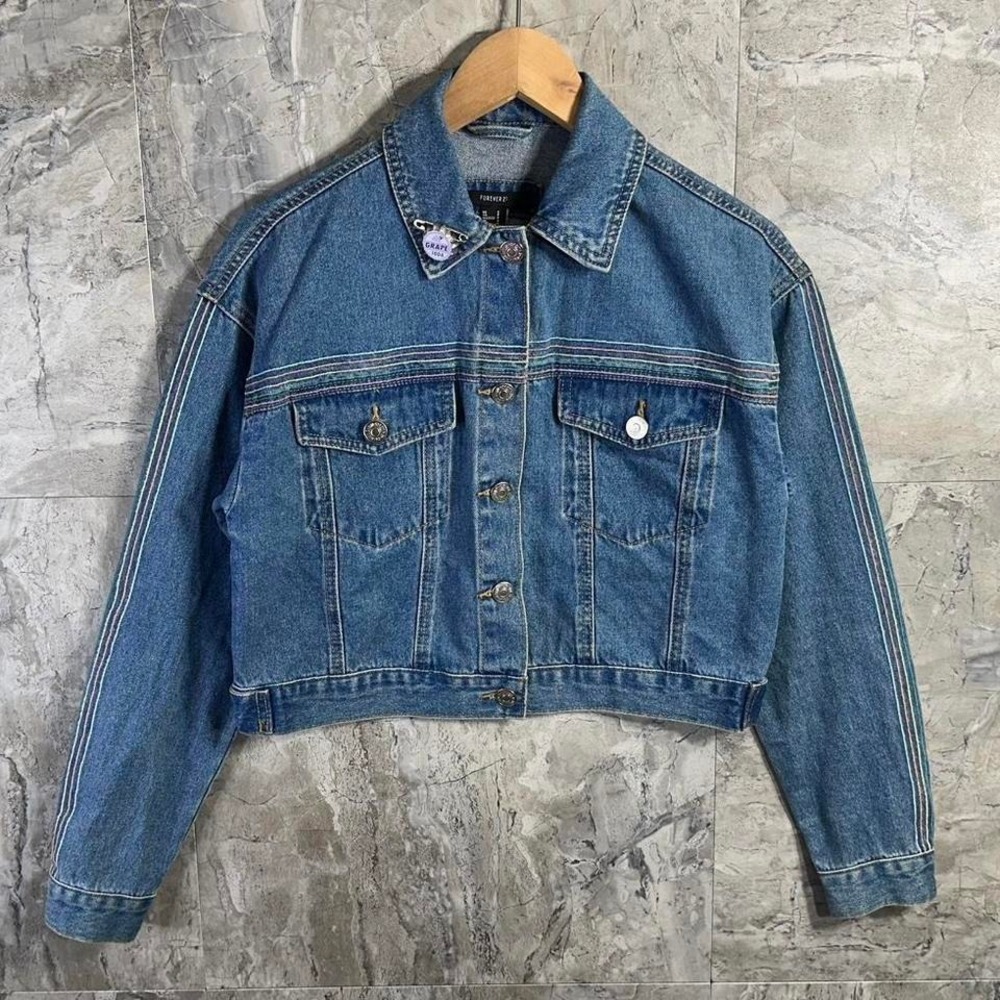 Denim Cropped Jean Jacket with rainbow stitching and soda pin Woman's Size Small